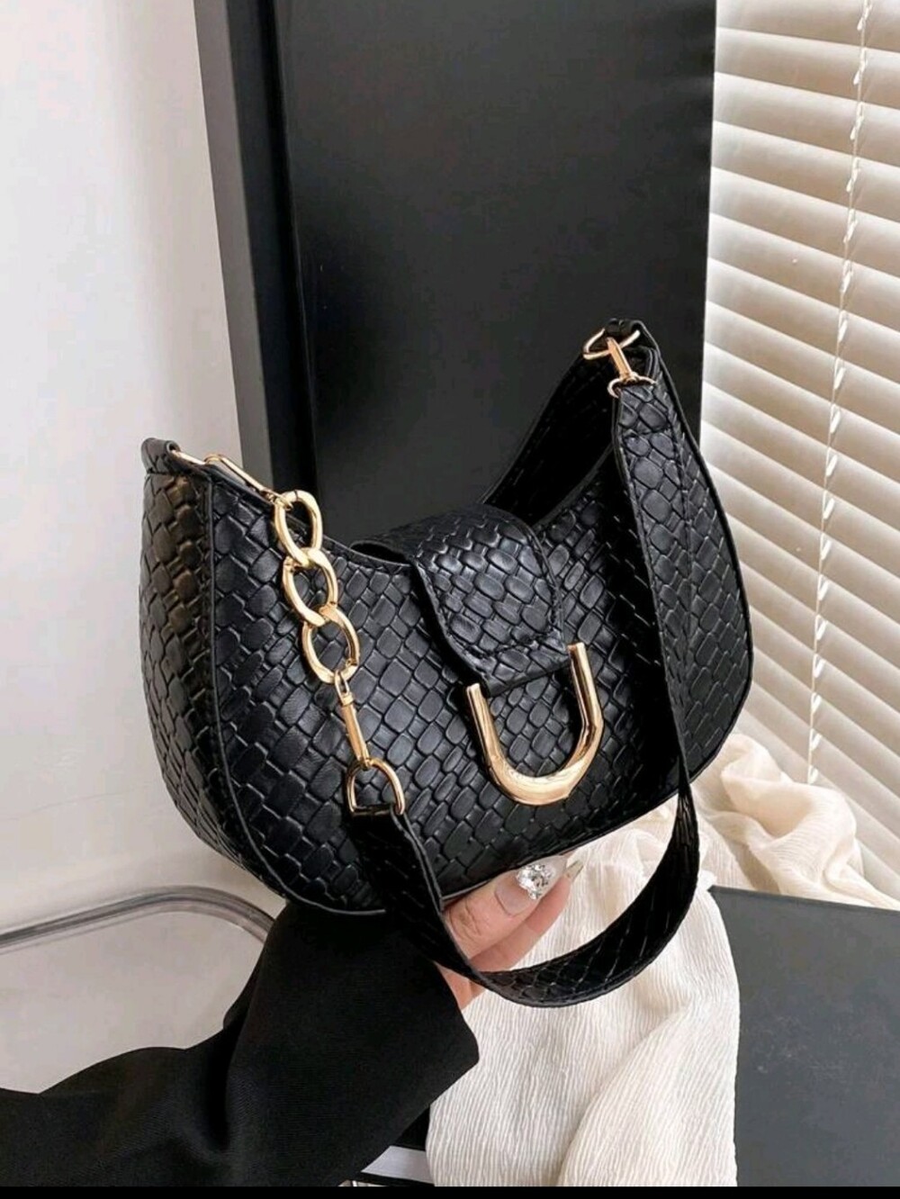 BRAND NEW ** Black Woven Shoulder Bag with Gold Hardware